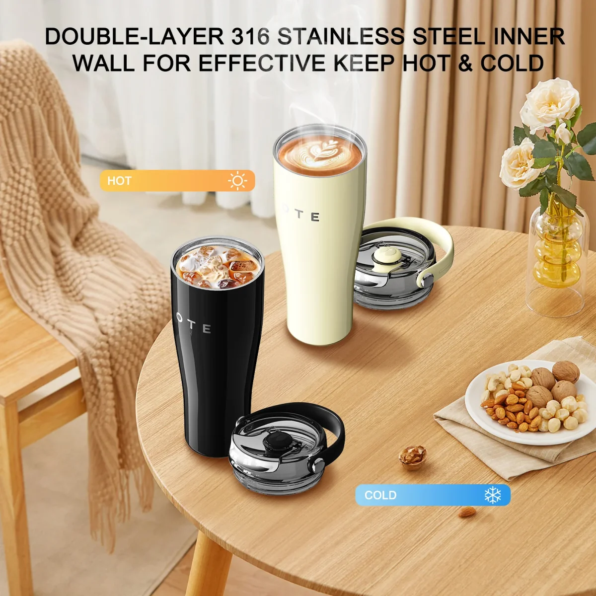 OTE 30 Oz Water Bottle with Flip Straw & Handle, 316 Stainless Steel Tumbler, 800ML Vacuum Keep Hot/Cold Water Bottle - Image 5